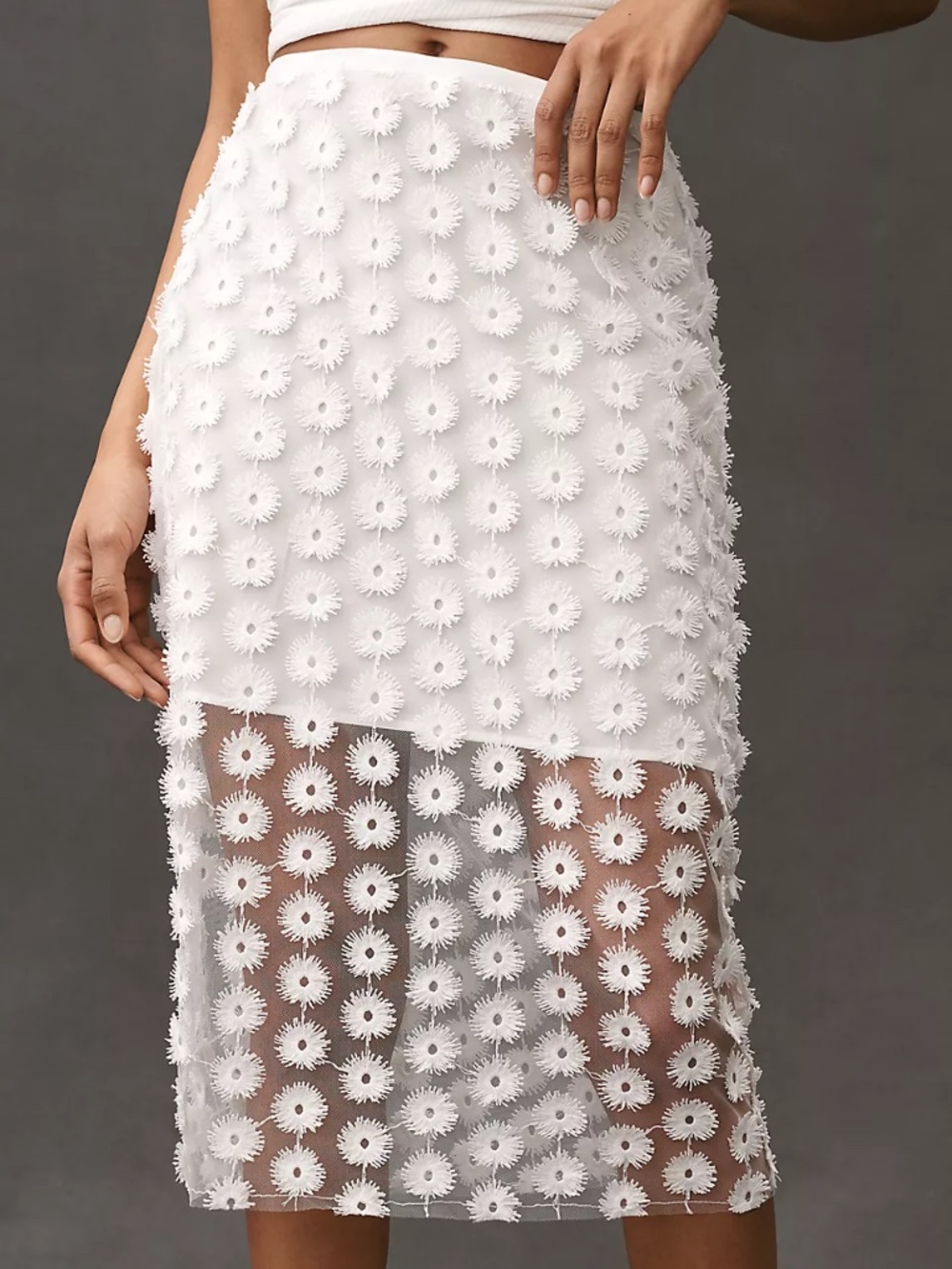 Anthropologie White Midi Skirt with Daisy Appliqué